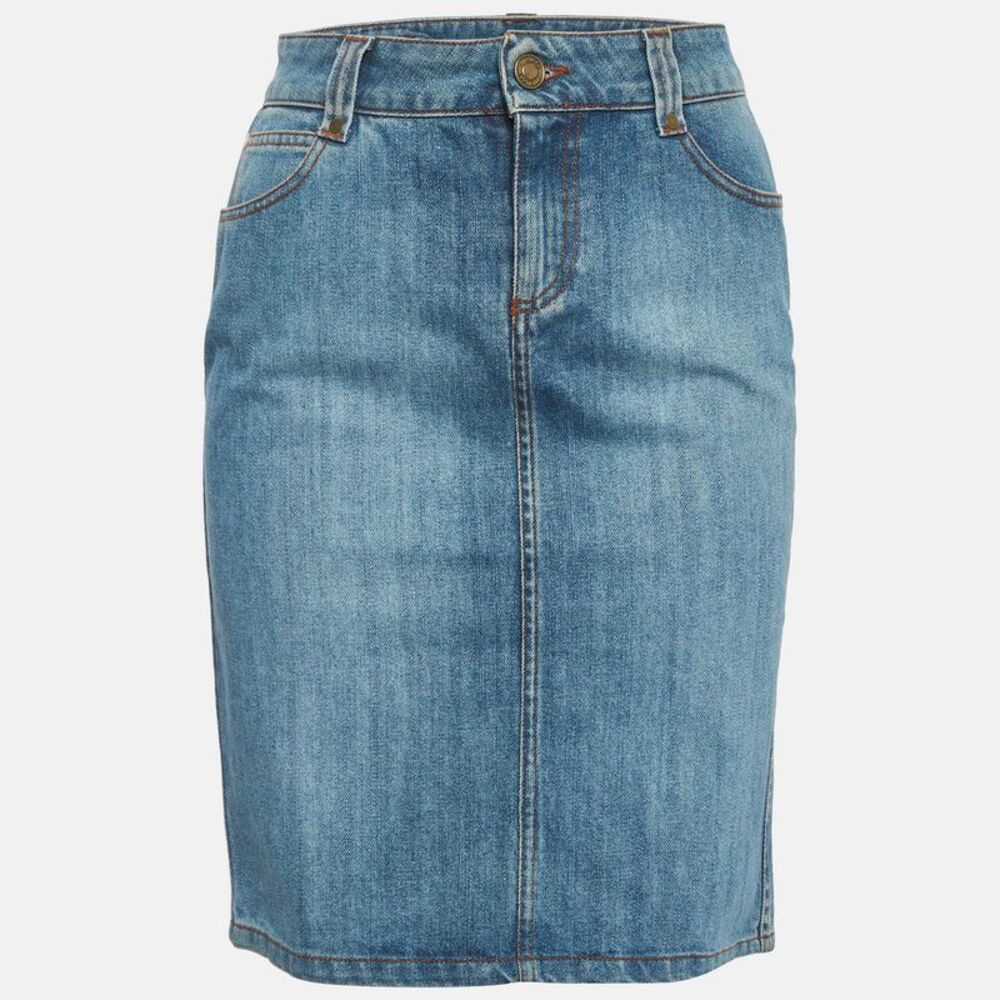Gucci Blue Gg Floral Embroidered Denim Pencil Skirt S